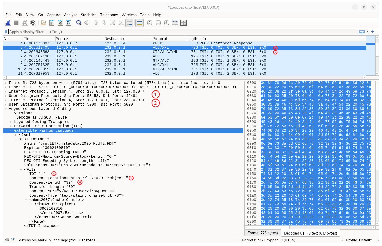 Wireshark capture showing the FDT (TOI 0) packet for the first object from the PULL SINGLE Distribution Session