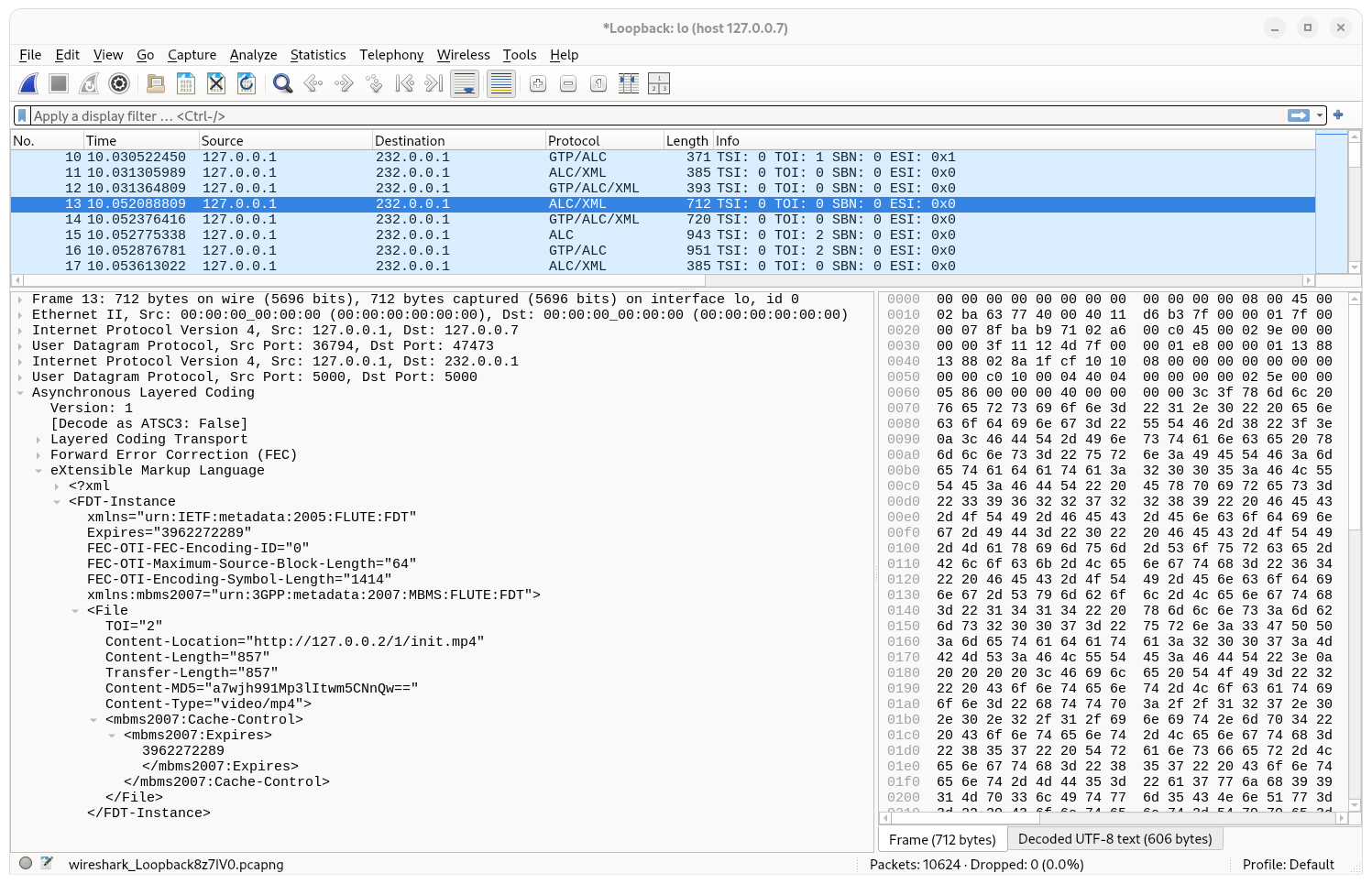 Wireshark screenshot showing the FDT with File entry for the initialization segment sent as part of a PULL STREAMING Distribution Session