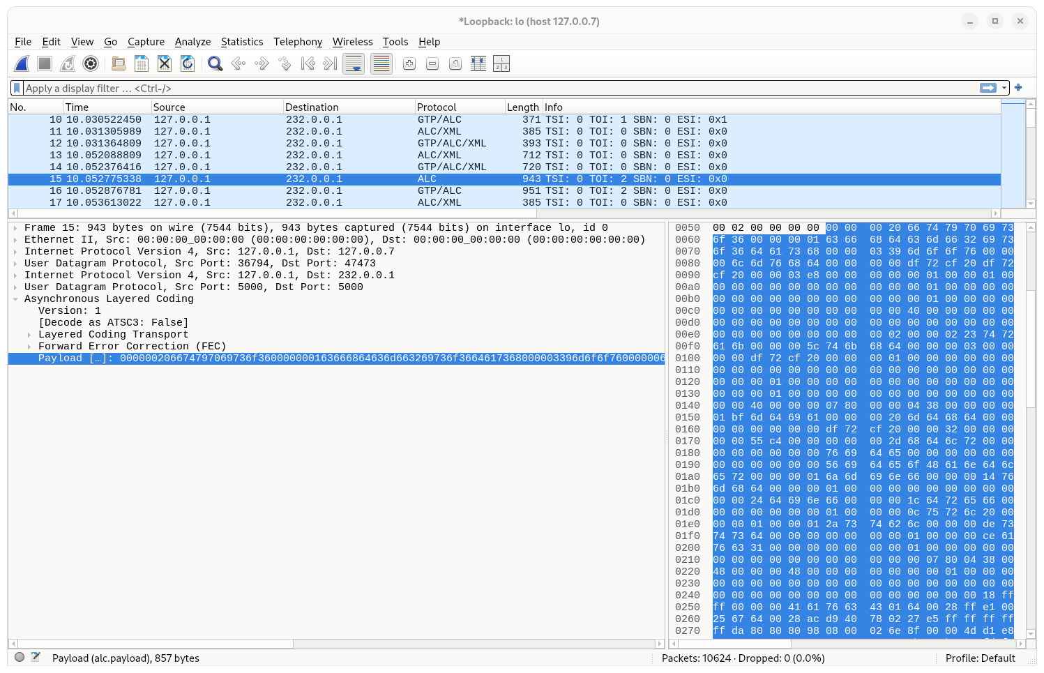 Wireshark screenshot showing the initialization segment file contents sent as part of a PULL STREAMING Distribution Session