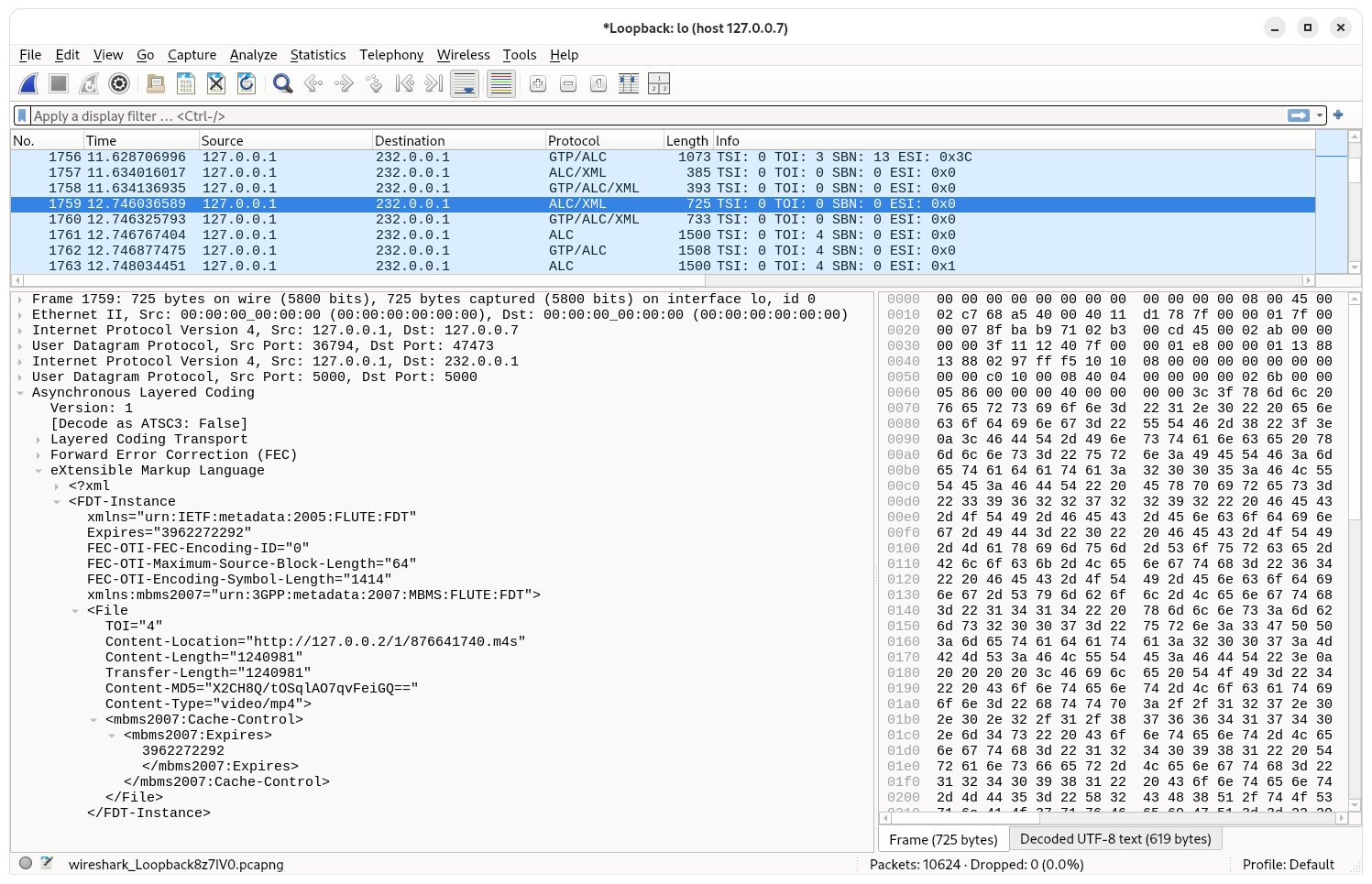 Wireshark screenshot showing the FDT with File entry for the second live media segment sent as part of a PULL STREAMING Distribution Session