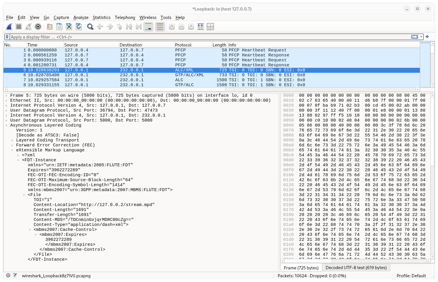 Wireshark screenshot showing the FDT with File entry for the MPD sent as part of a PULL STREAMING Distribution Session