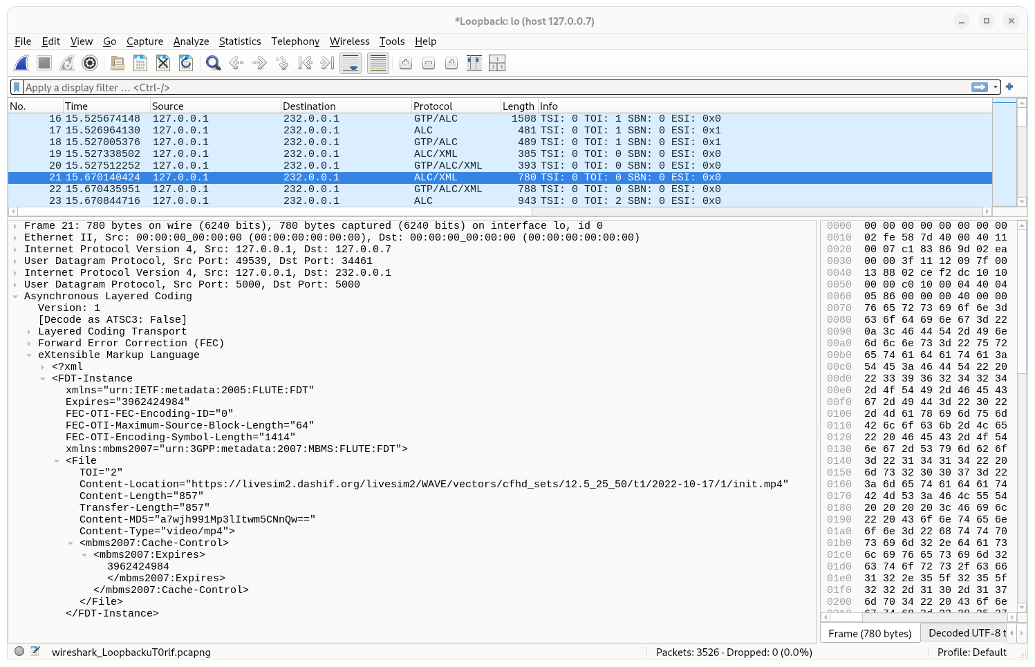 Wireshark screenshot showing the FDT File entry for the initialization segment after pushing an MPD