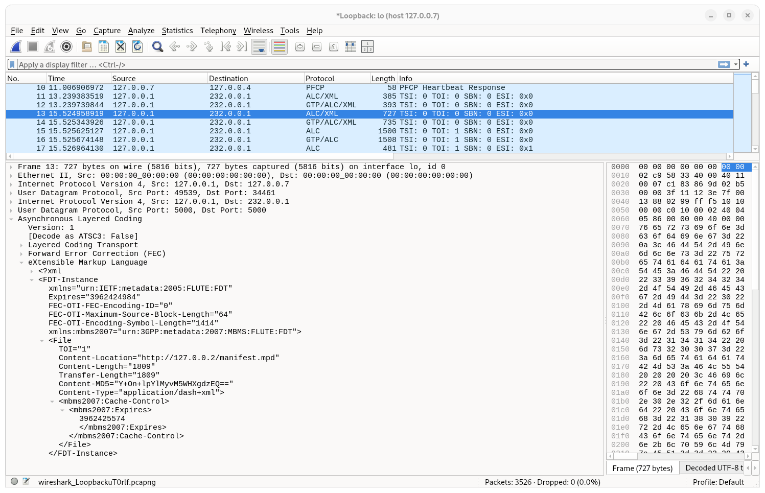 Wireshark screenshot showing the FDT File entry for the pushed MPD