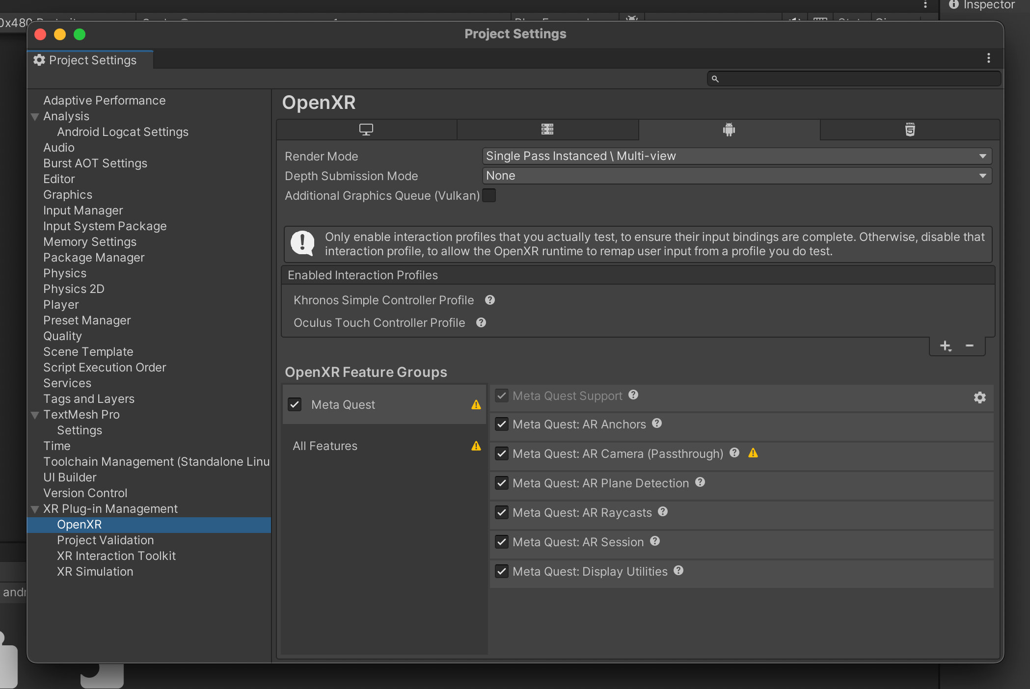 Unity project XR configuration